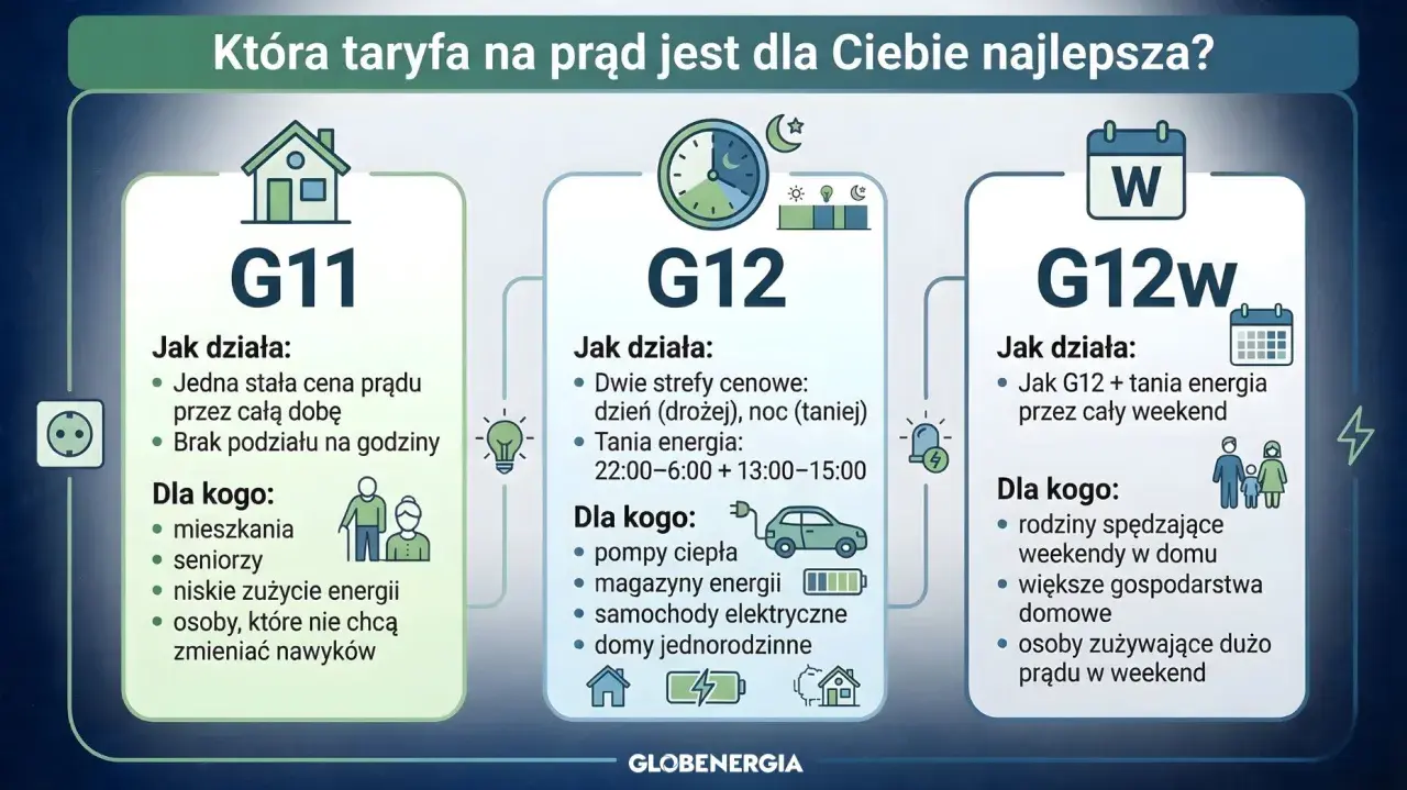 Porównanie taryf prądu: G11, G12 i G12w. Taryfa G12w Tauron oferuje tani prąd przez cały weekend, idealna dla rodzin i domów z dużym zużyciem energii w te dni.