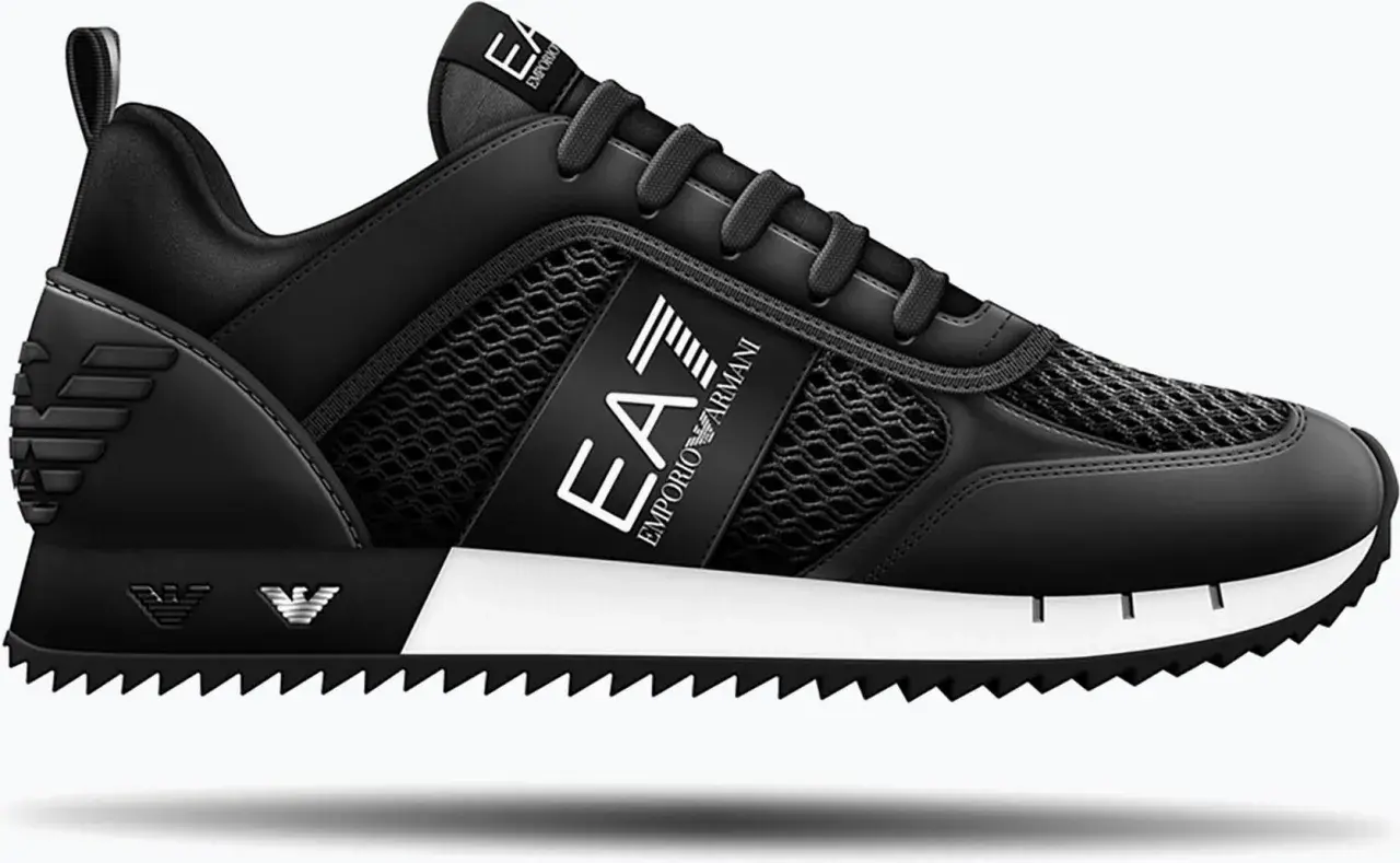 Stylowe, czarne buty Emporio Armani z siateczką i białym logo EA7. Idealne do miejskich stylizacji.