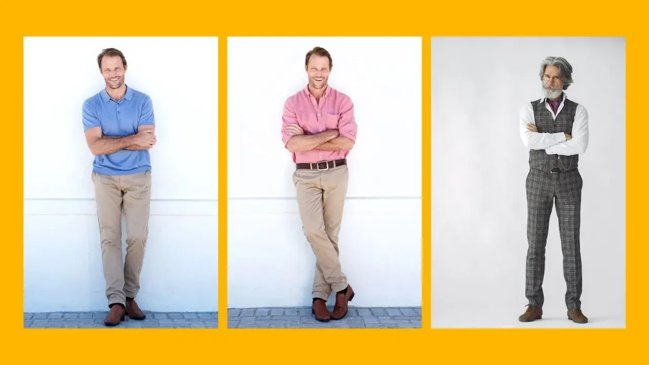Trzech mężczyzn prezentuje różne style ubierania się: casualowy polo, elegancki z koszulą i garnitur w kratę.