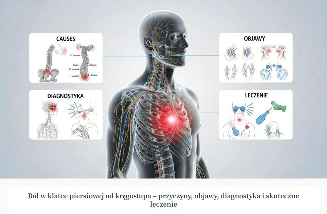 Ból w mostku od kręgosłupa: przyczyny, objawy, diagnostyka i leczenie. Ilustracja przedstawia anatomię człowieka z zaznaczonymi obszarami bólu.