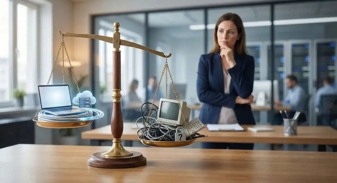 Waga szalkowa symbolizuje outsourcing: z jednej strony nowoczesny sprzęt i chmura, z drugiej stare urządzenia i znak zapytania. Kobieta rozważa wady i zalety.