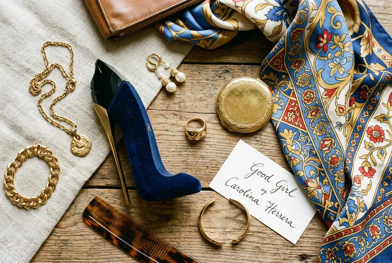 Elegancki zestaw: perfumy damskie bucik, złota biżuteria, jedwabna apaszka i brązowy portfel.