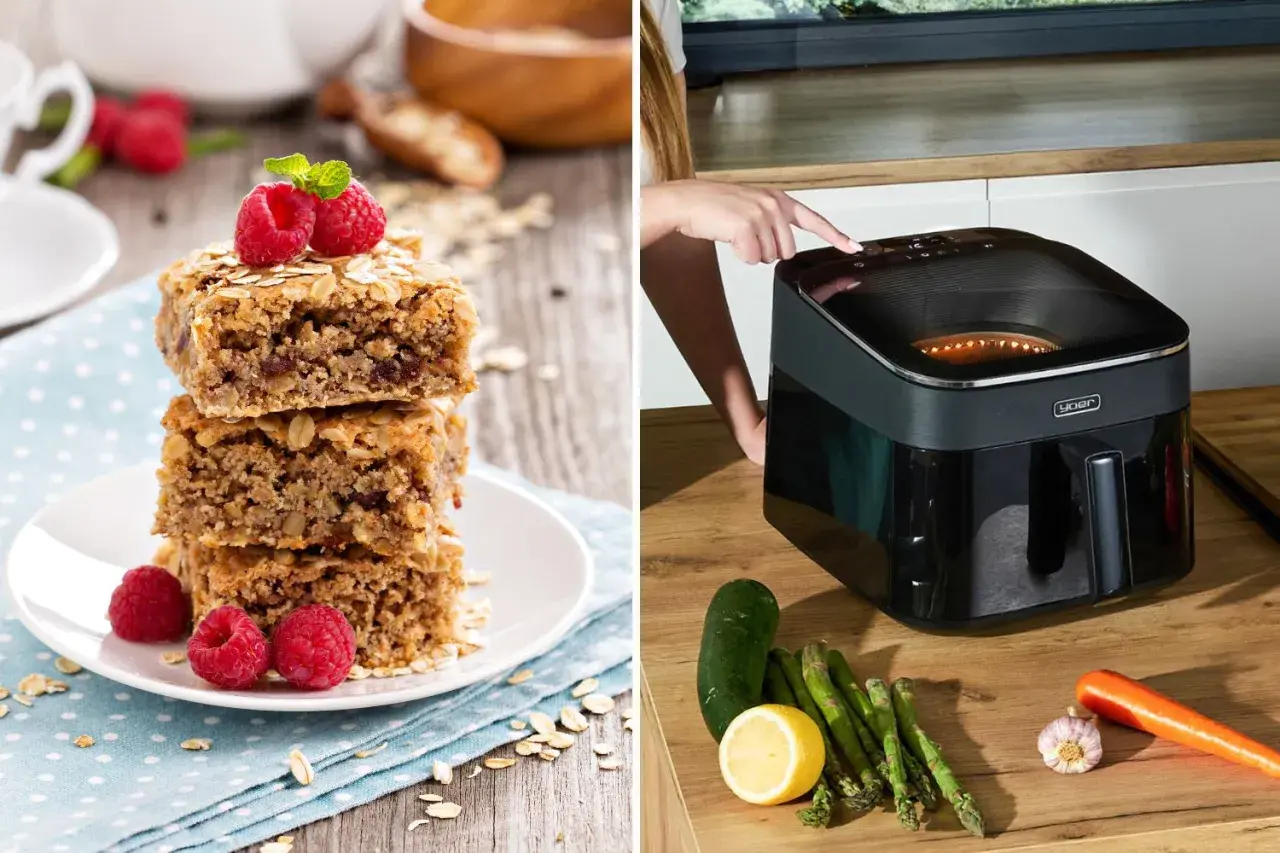 Pyszne ciastka owsiane z malinami i warzywa do przygotowania zdrowego śniadania z airfryer.