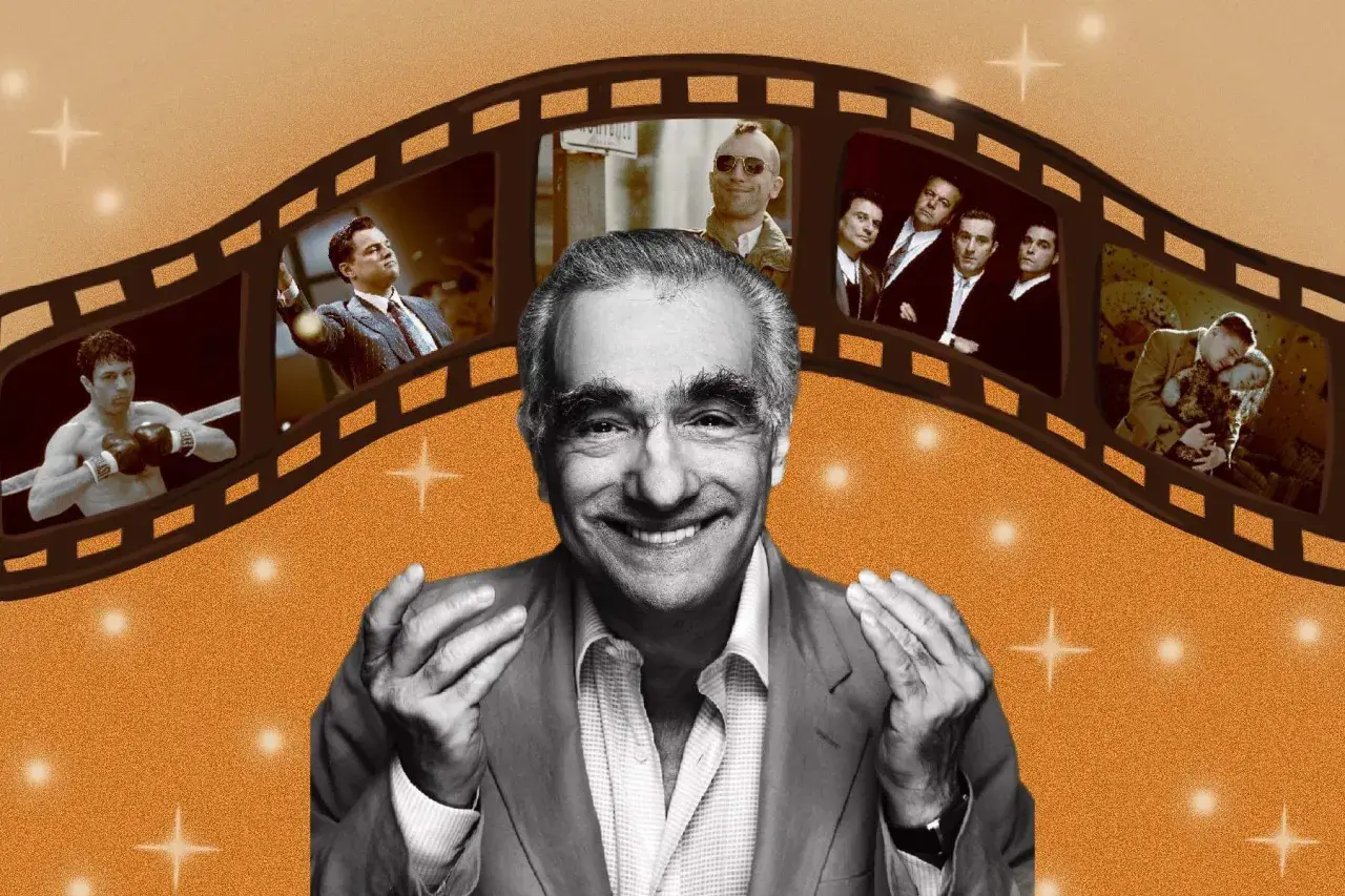 Uśmiechnięty Martin Scorsese na tle klatki filmowej z fragmentami jego kultowych filmów: "Chłopcy z ferajny", "Taksówkarz", "Wściekły byk".