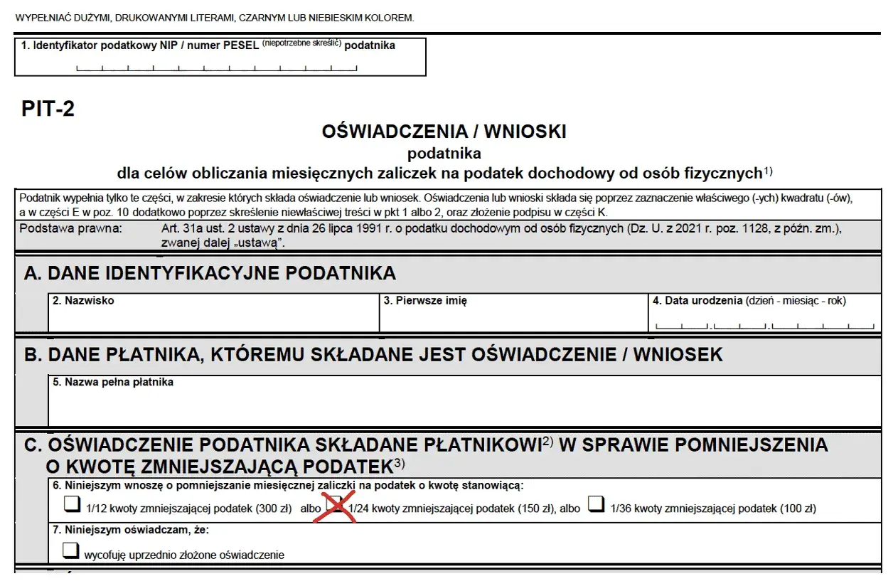 Formularz PIT-2, sekcja C: oświadczenie podatnika o kwocie zmniejszającej podatek. Zaznaczono 1/24 kwoty zmniejszającej podatek.