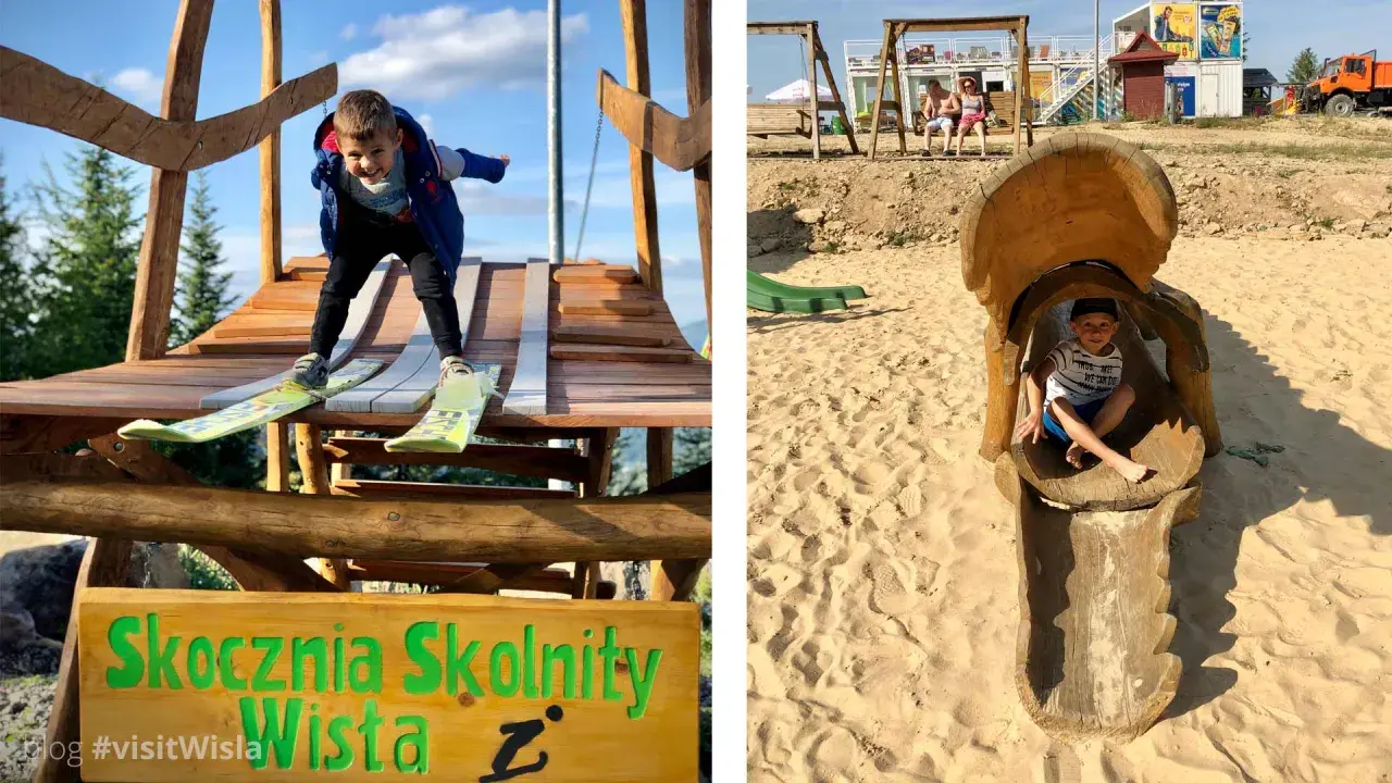 Chłopiec na nartach zjeżdża ze "Skoczni Skolnity" w Wiśle. Obok piaskownica z drewnianą zjeżdżalnią. Wspaniałe atrakcje dla dzieci w Wiśle!