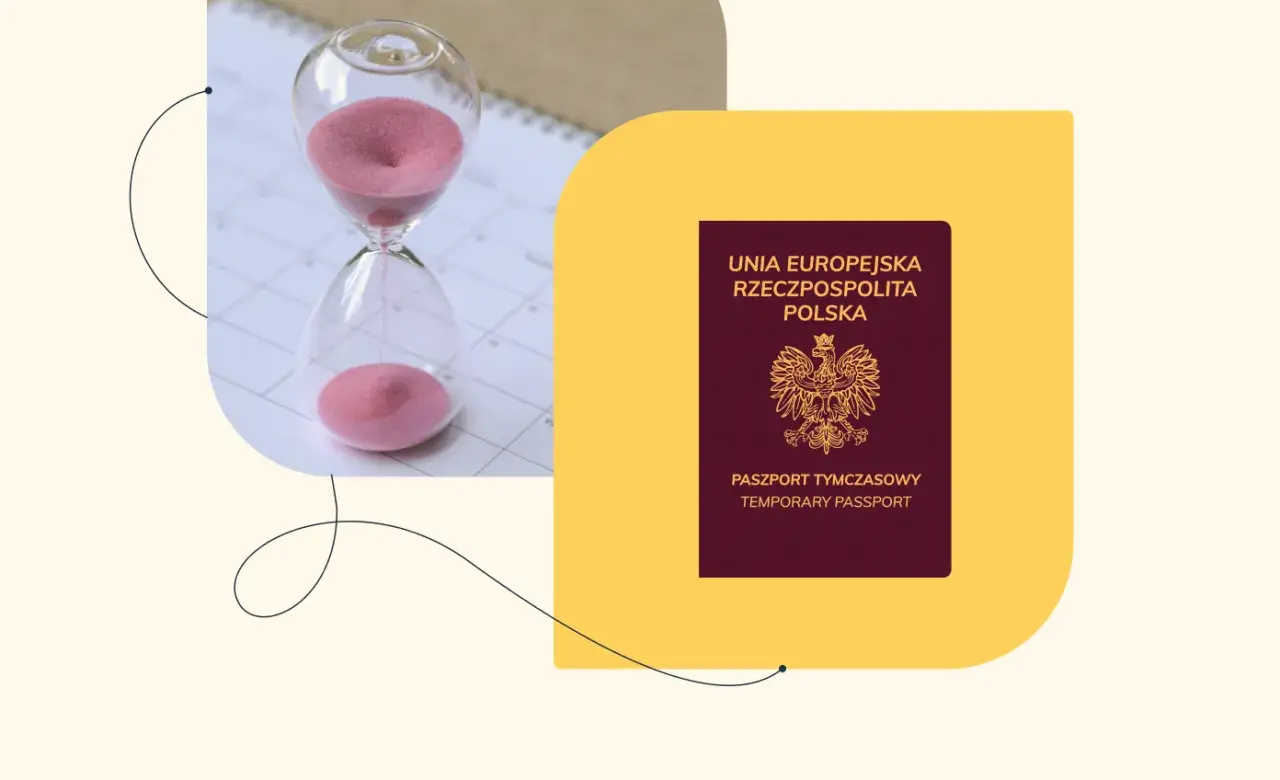 Klepsydra symbolizuje czas oczekiwania na paszport.