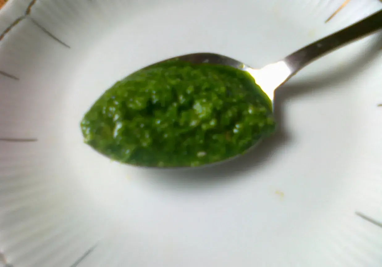 Łyżeczka pełna aromatycznego pesto z pietruszki, gotowa do podania.