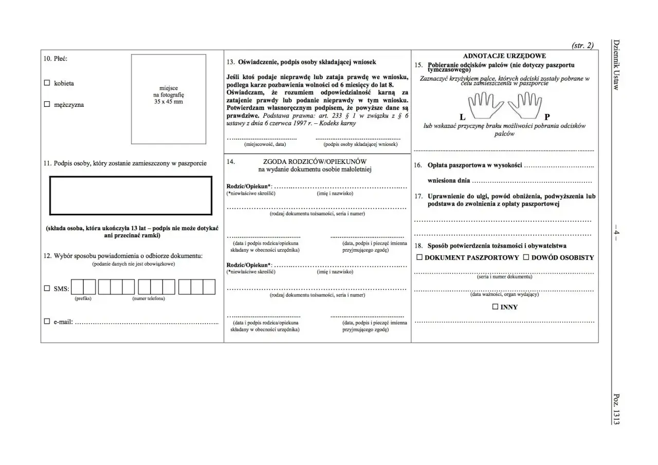 Formularz wniosku o paszport, sekcja 11: podpis osoby, która zostanie zamieszczony w paszporcie.