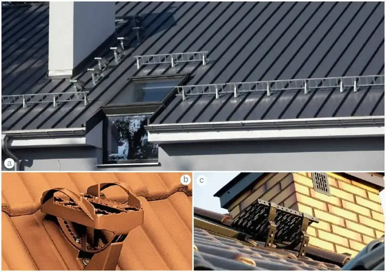 Systemy bezpieczeństwa na dachu z papy bitumicznej: stopnie kominiarskie i ławy kominiarskie zapewniają bezpieczne poruszanie się po dachu.