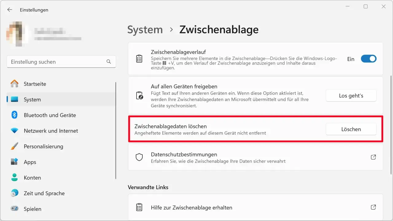 Einstellungen für die Zwischenablage: Verlauf anzeigen, Daten synchronisieren oder den gesamten Cache löschen.