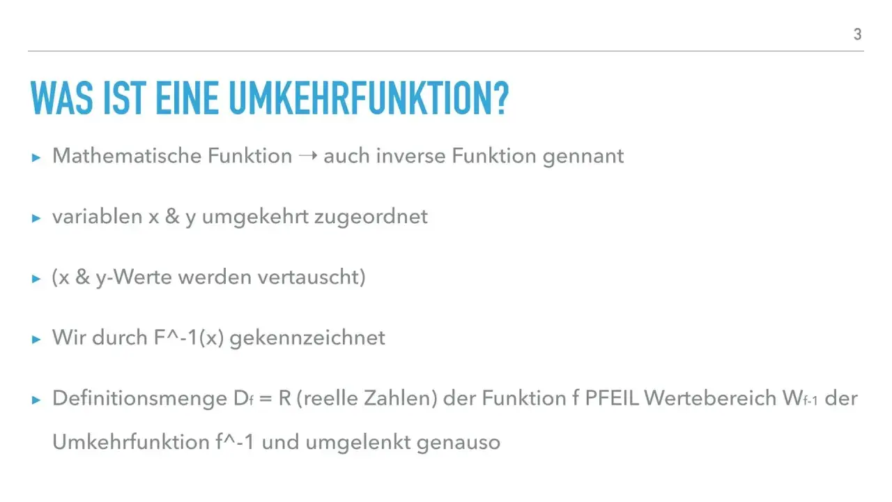 Was ist eine Umkehrfunktion? Eine mathematische Funktion, bei der x und y vertauscht werden. Sie wird als f^-1(x) bezeichnet.
