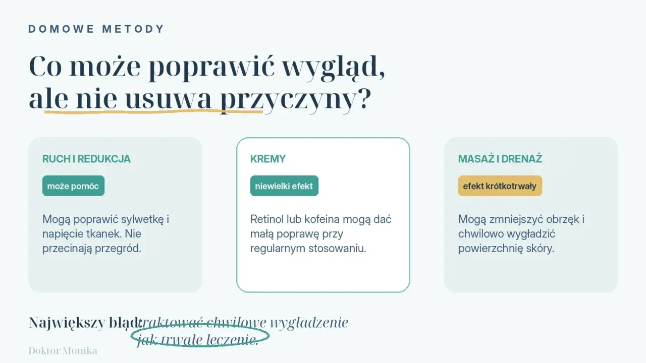 Domowe metody na cellulit: ruch, kremy i masaż poprawiają wygląd, ale nie usuwają przyczyny. Trwałe leczenie jest kluczowe.