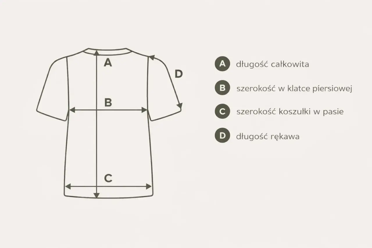 Schemat pokazuje, jak zmierzyć koszulkę: długość całkowita (A), szerokość w klatce (B), szerokość w pasie (C) i długość rękawa (D).
