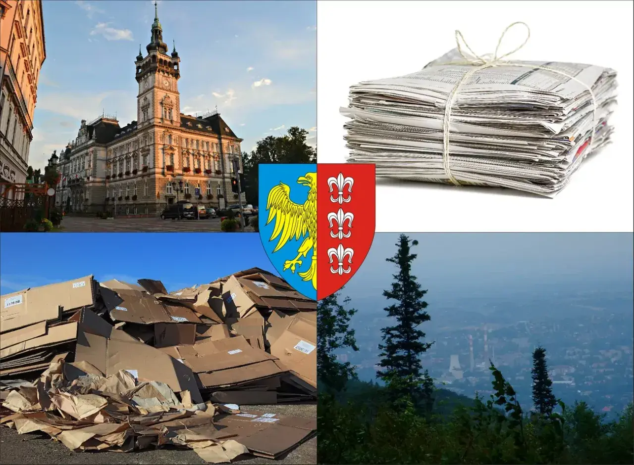 Stos makulatury, stos kartonów, herb miasta i widok na panoramę. Sprawdź, jaka jest aktualna makulatura cena.
