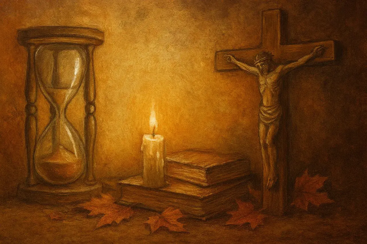 Klepsydra, płonąca świeca, księgi i krzyż symbolizują przemijanie. Jesienne liście podkreślają ulotność chwili.