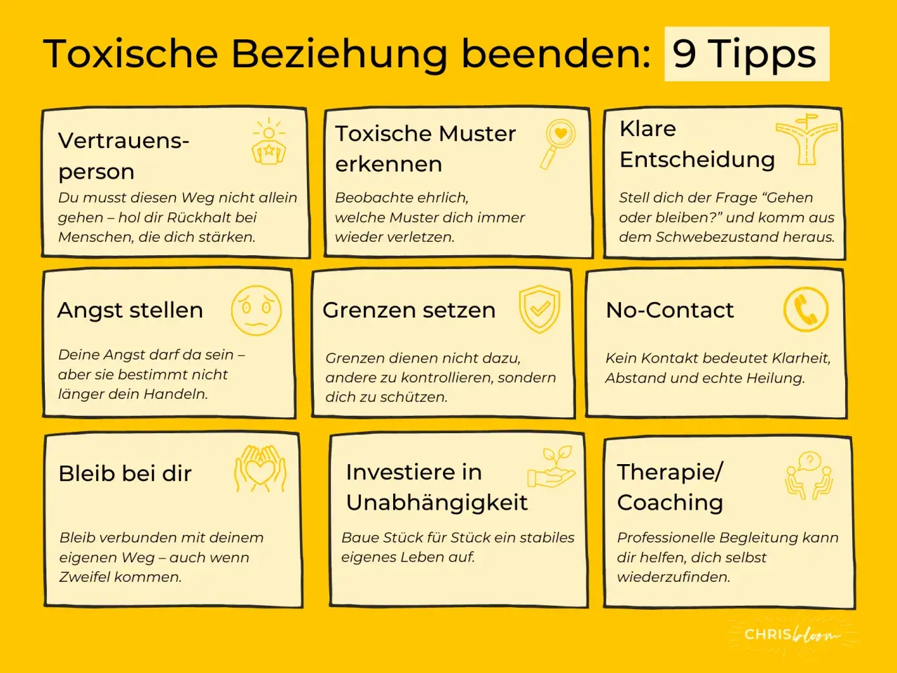 9 Tipps, um toxische Menschen und Beziehungen zu beenden: Vertrauensperson, Muster erkennen, klare Entscheidung, Angst stellen, Grenzen setzen, No-Contact, bei dir bleiben, Unabhängigkeit & Therapie/Coaching.