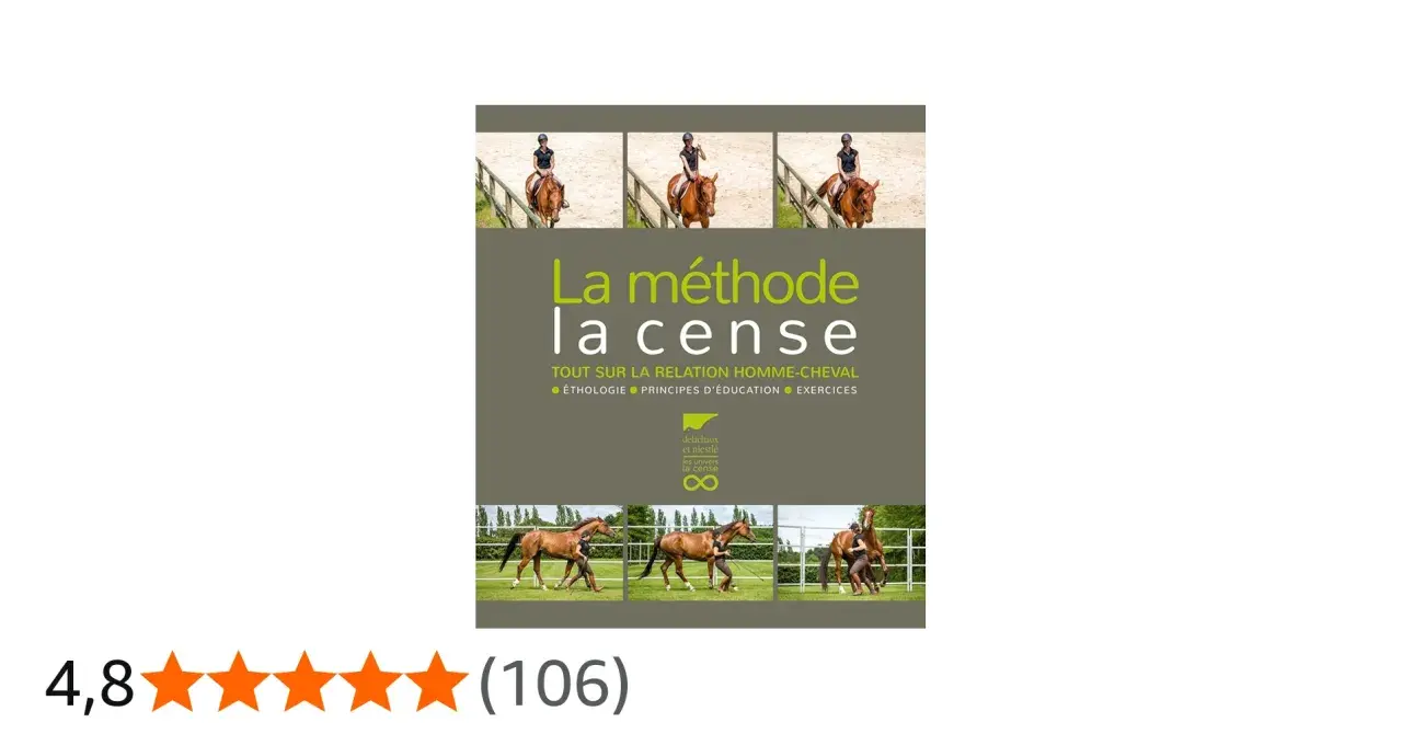 Couverture du livre "La méthode la cense", expliquant la relation homme-cheval avec des images de cavaliers et de chevaux.