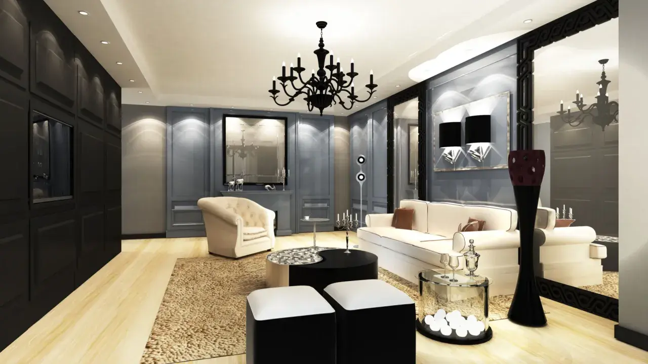Elegancki salon w gotyckim stylu, z czarnym żyrandolem, kremową sofą i fotelem, ozdobiony lustrami i geometrycznymi akcentami.