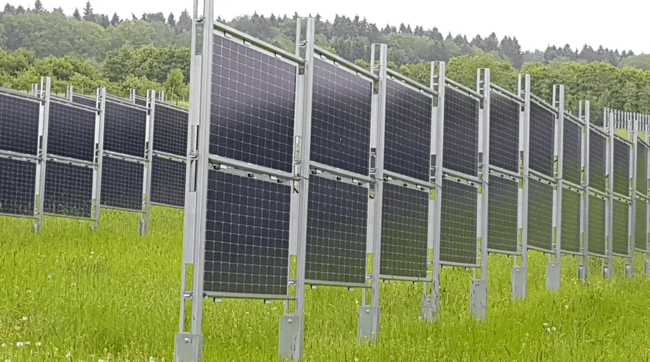 Rzędy wydajnych paneli fotowoltaicznych na tle zielonego lasu. Instalacja na łące, gotowa do produkcji czystej energii.