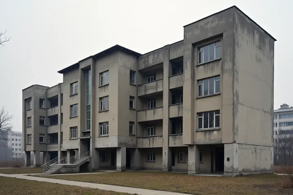 Szary blok mieszkalny z balkonami i dużymi oknami, typowy przykład architektury PRL.