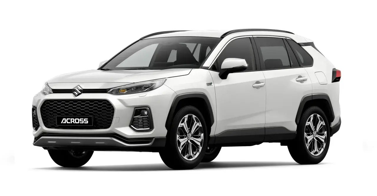 Biały SUV Suzuki Across 4x4 z napędem hybrydowym plug-in, widok z przodu.