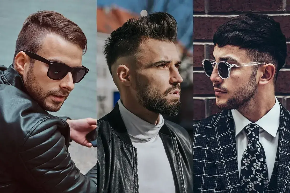 Trzech mężczyzn w stylowych fryzurach. Jeden z nich ma modną french crop, drugi zaczesane włosy do góry, a trzeci krótkie włosy z grzywką.