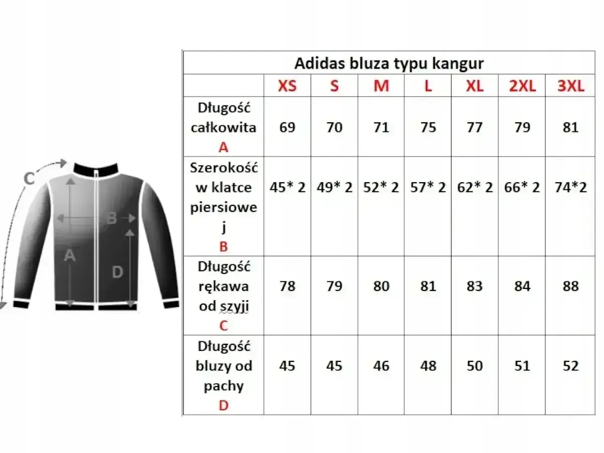 Tabela rozmiarów bluz Adidas. Sprawdź wymiary, np. długość całkowitą dla rozmiaru L.