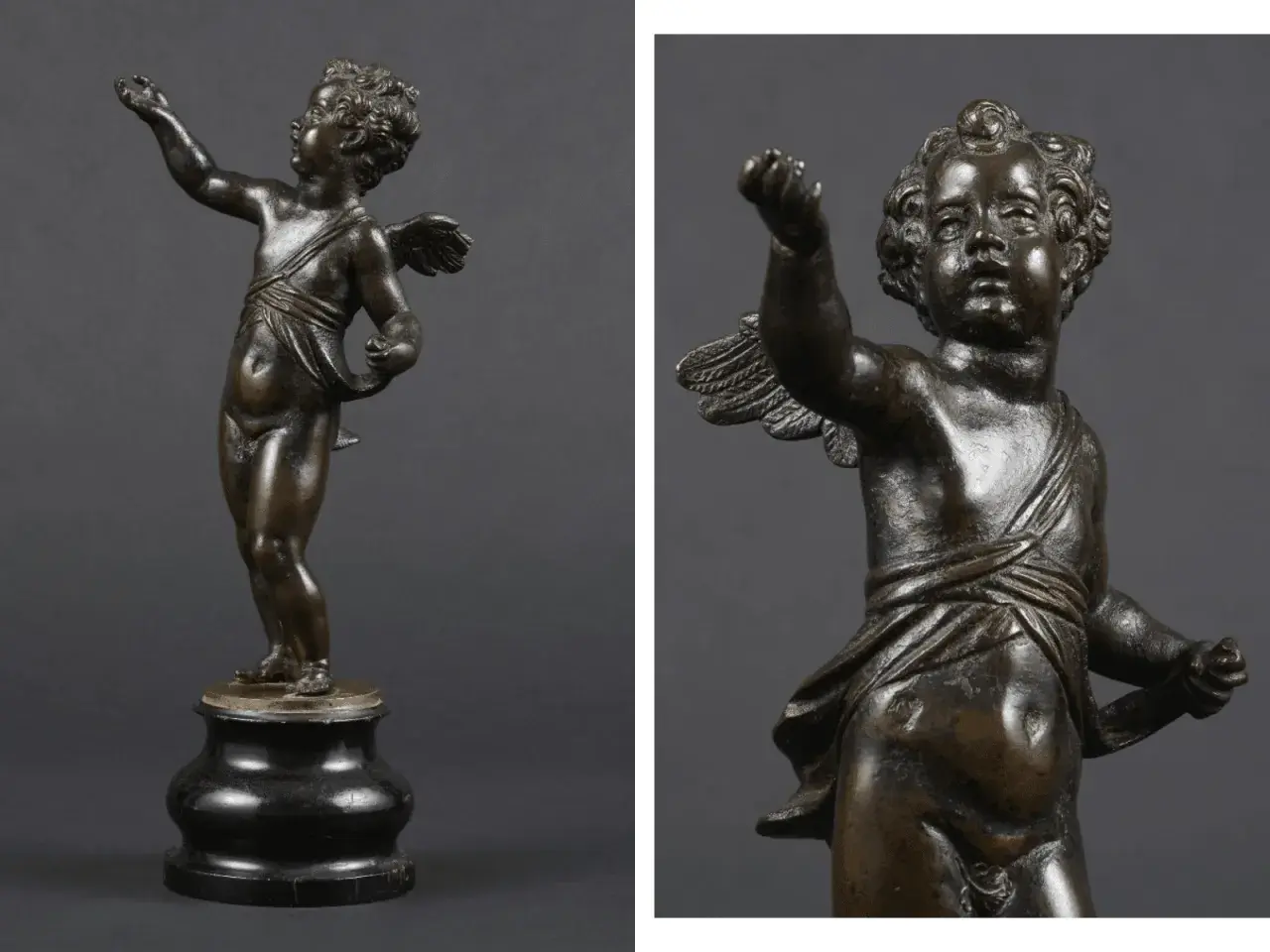 Brązowy putto z uskrzydlonymi plecami, w pozie gestykulacji, na ciemnym tle.