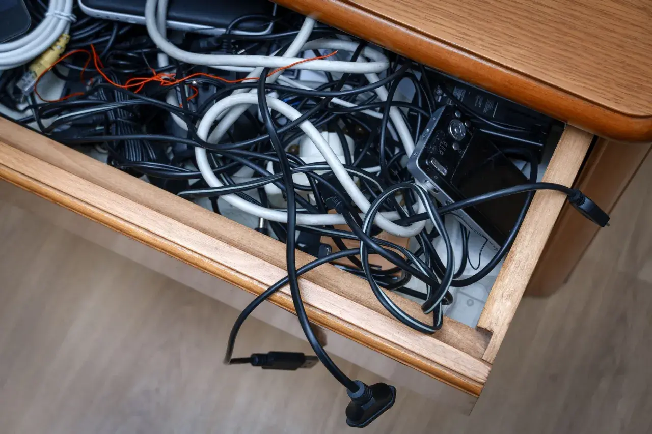 Szuflada pełna plątaniny kabli, ładowarek i urządzeń elektronicznych.