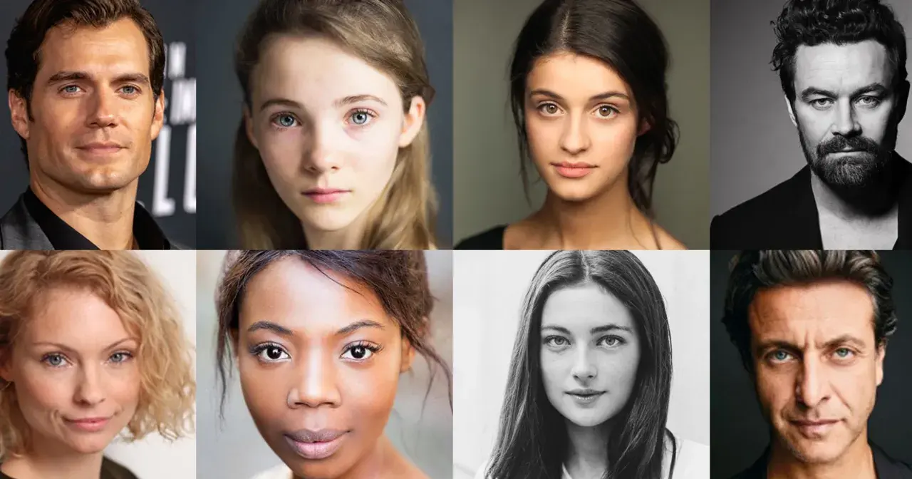 Portrety aktorów z serialu Wiedźmin: Henry Cavill, Freya Allan, Anya Chalotra, Joey Batey, Mimi Ndiweni, Eamon Farren, MyAnna Buring, Mahesh Jadu.