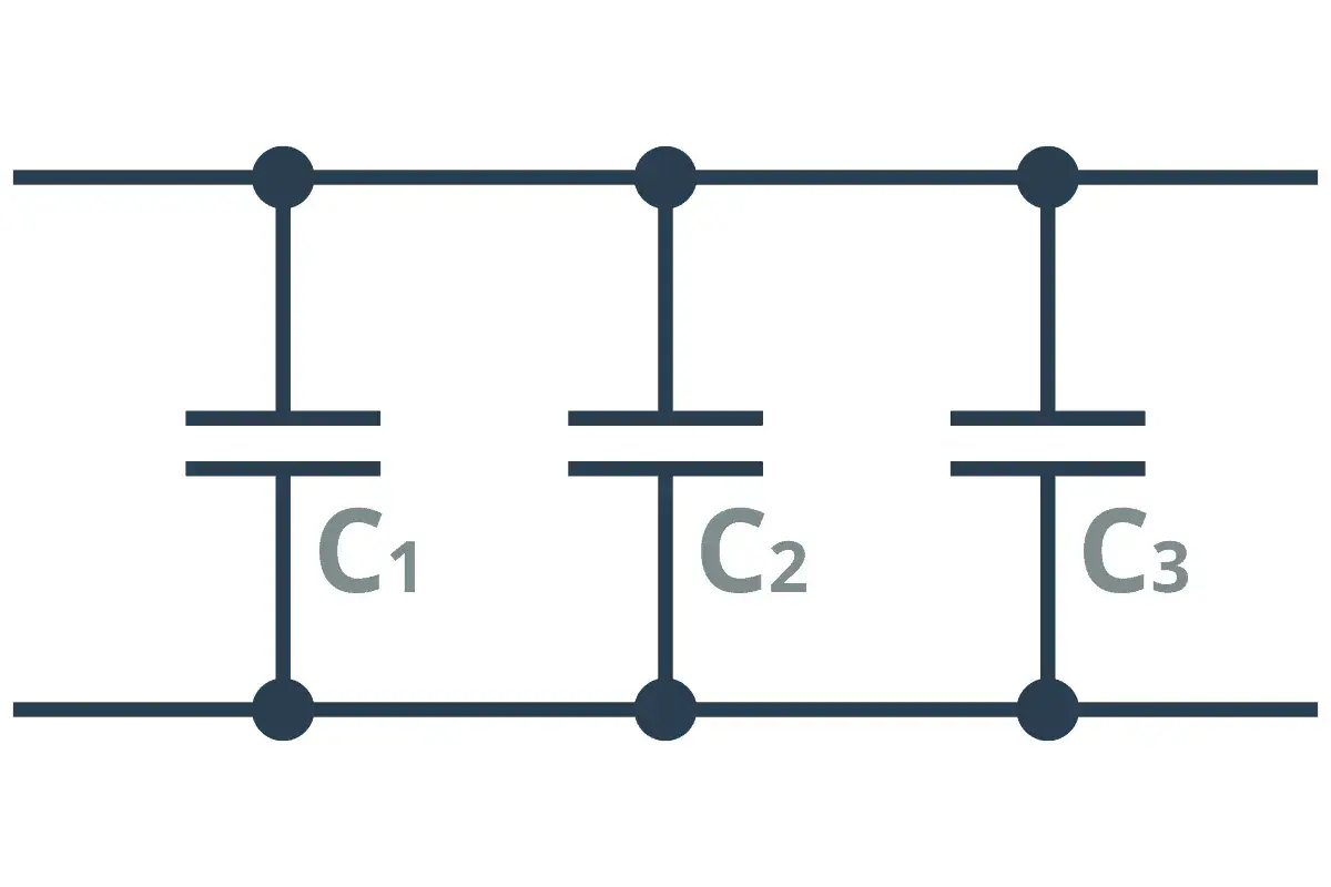 Schemat obwodu elektrycznego z trzema kondensatorami C1, C2, C3 połączonymi równolegle.