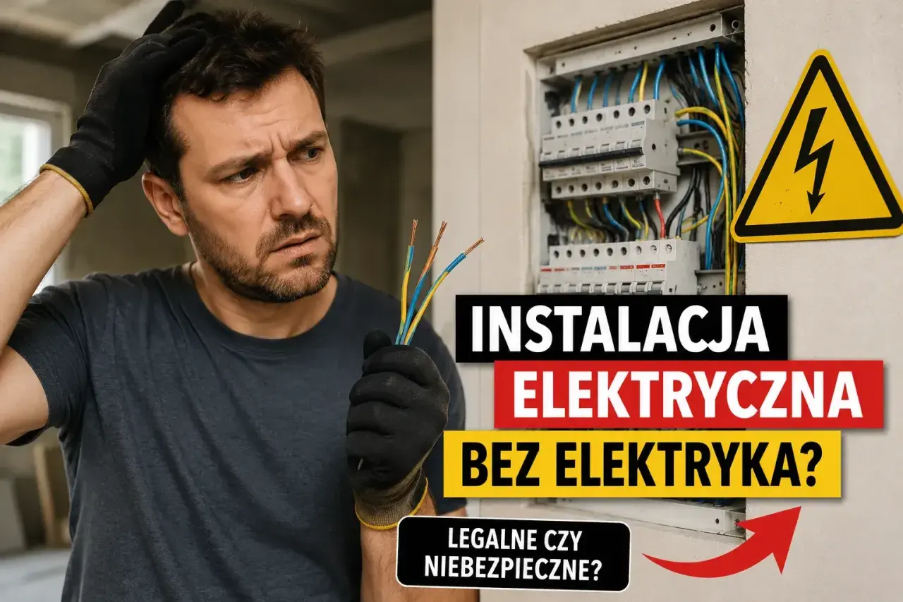 Zastanawiasz się nad instalacją elektryczną i ceną robocizny? Mężczyzna z przewodami w ręku i rozdzielnicą elektryczną w tle.