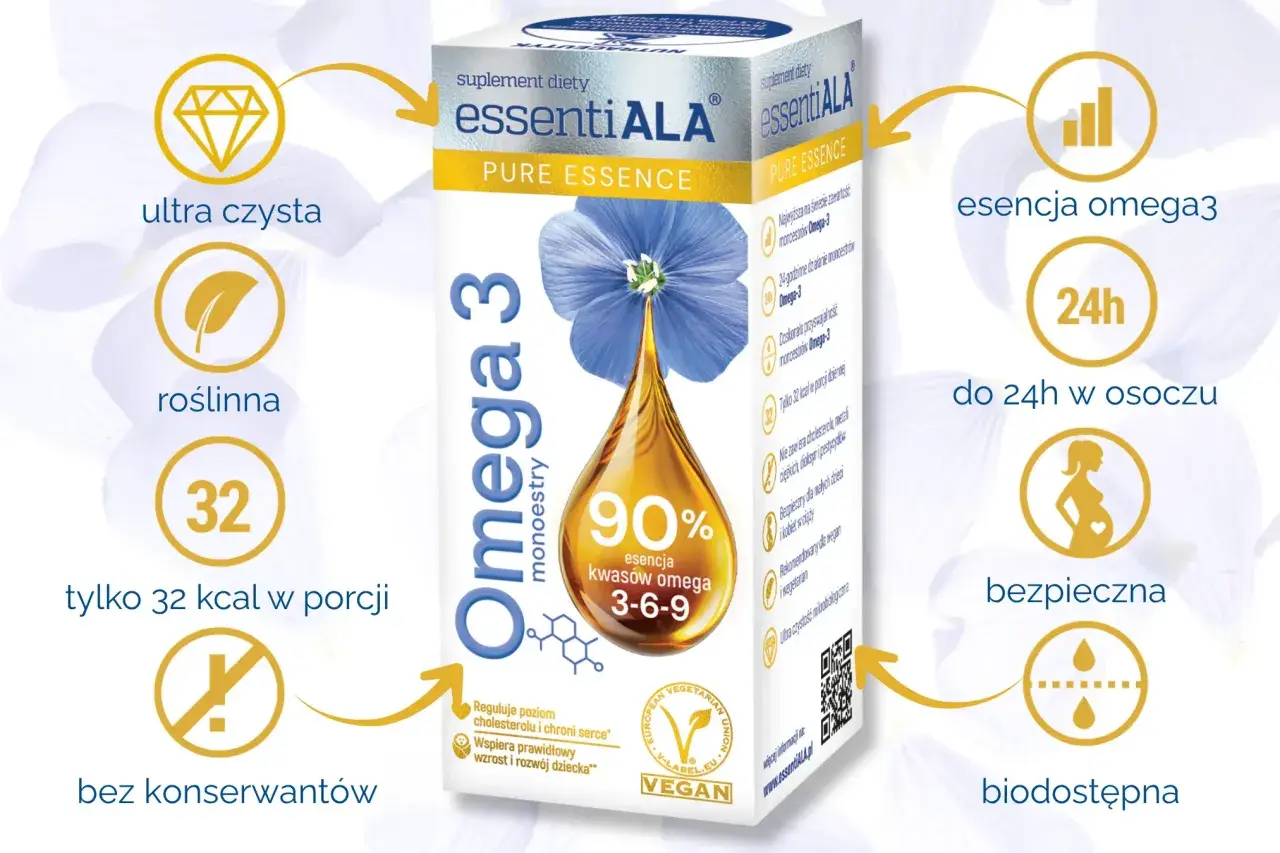 Suplement diety essentiaALA Omega-3 monoestry, z 90% esencją kwasów omega 3-6-9, ultra czysty, roślinny, bez konserwantów, biodostępny, bezpieczny dla kobiet w ciąży i dzieci.