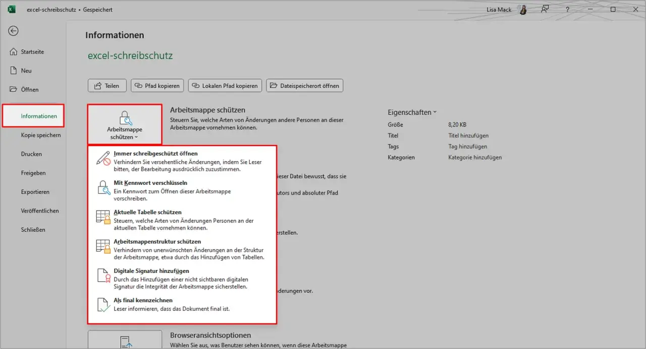 Excel-Schreibschutz aufheben: Optionen zum Schutz von Arbeitsmappen, z.B. "Immer schreibgeschützt öffnen" oder "Mit Kennwort verschlüsseln".