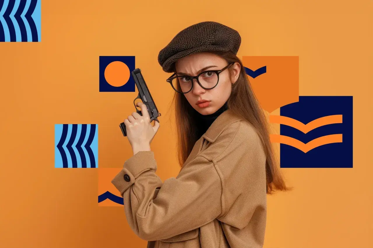 Dziewczyna w kaszkiecie i okularach trzyma pistolet. Może to symbolizować jej zainteresowanie kryminalistyka studia wymagania.