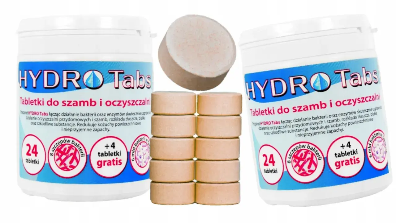 Tabletki HYDRO Tabs to rozwiązanie, co wsypać do szamba żeby nie śmierdziało. Preparat z bakteriami i enzymami usuwa nieprzyjemne zapachy i rozkłada zanieczyszczenia.