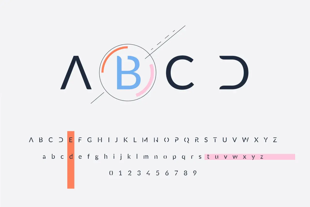 Nowe litery i cyfry w nowoczesnej typografii. Alfabet od A do Z, wielkie i małe litery, oraz cyfry.
