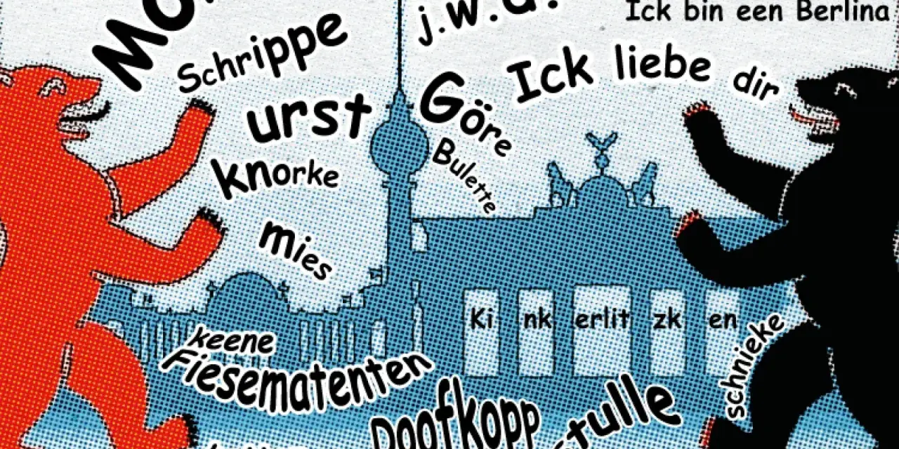 Zwei Berliner Bären tanzen vor der Skyline. Typisch berlinerisch: "Ick liebe dir" und "Keene Fiesematenten".
