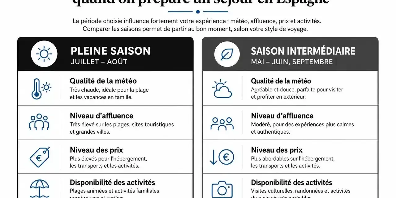 Tableau comparant la pleine saison (juillet-août) et la saison intermédiaire (mai-septembre) pour des vacances scolaires en Espagne, avec météo, affluence, prix et activités.