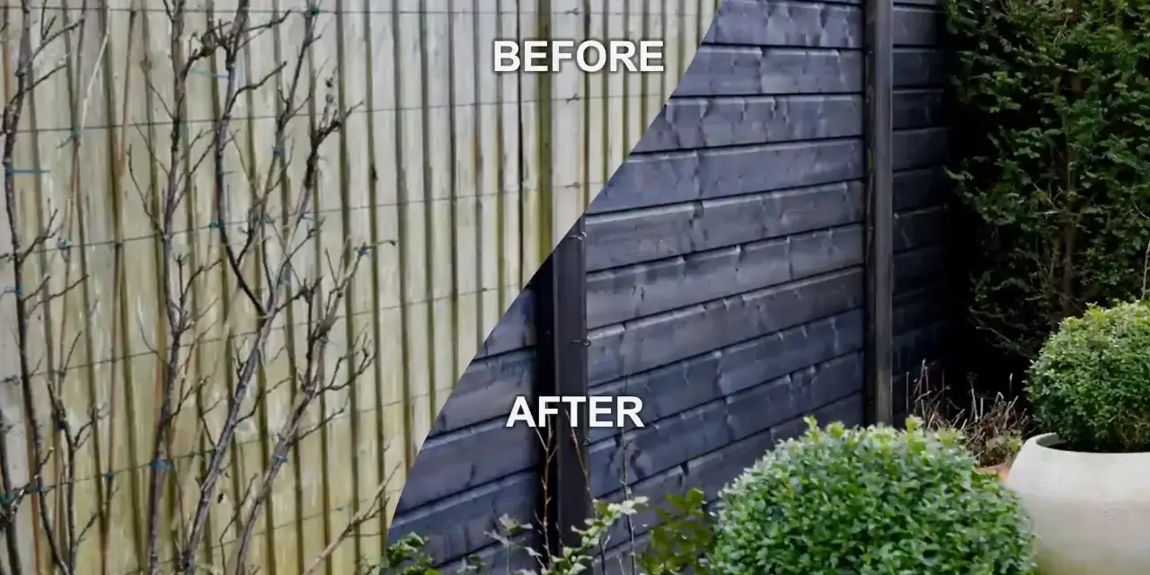Before and after of DIY fence panels. The left side shows weathered, pale wood with bare branches, while the right side displays a sleek, dark-stained fence with lush greenery.
