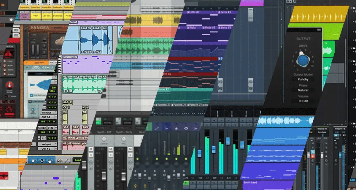 Wielobarwny kolaż ekranów programów muzycznych, ukazujący ścieżki audio, miksery i edytory MIDI.