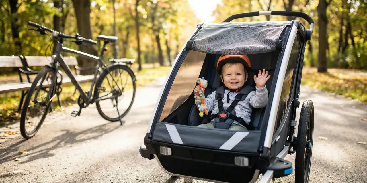 Uśmiechnięte dziecko w kasku w przyczepce rowerowej. Od jakiego wieku można wozić malucha w takiej przyczepce? Odpowiedź znajdziesz w instrukcji producenta.