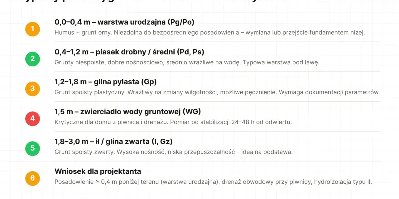 Przekrój gruntu: warstwa urodzajna, piasek, glina pylasta, zwierciadło wody, glina zwarta. Wniosek dla projektanta: posadowienie poniżej warstwy urodzajnej, drenaż, hydroizolacja. Analiza warunków geotechnicznych.