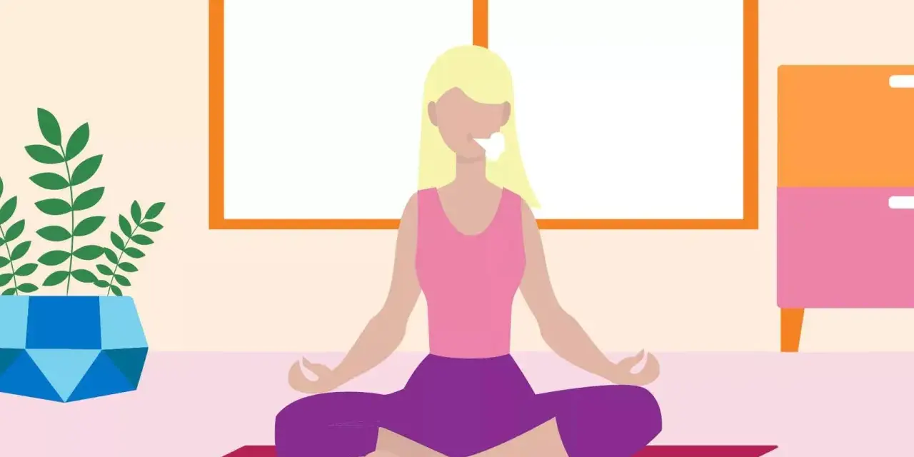 A woman meditates, breathing deeply to relax mind and body.