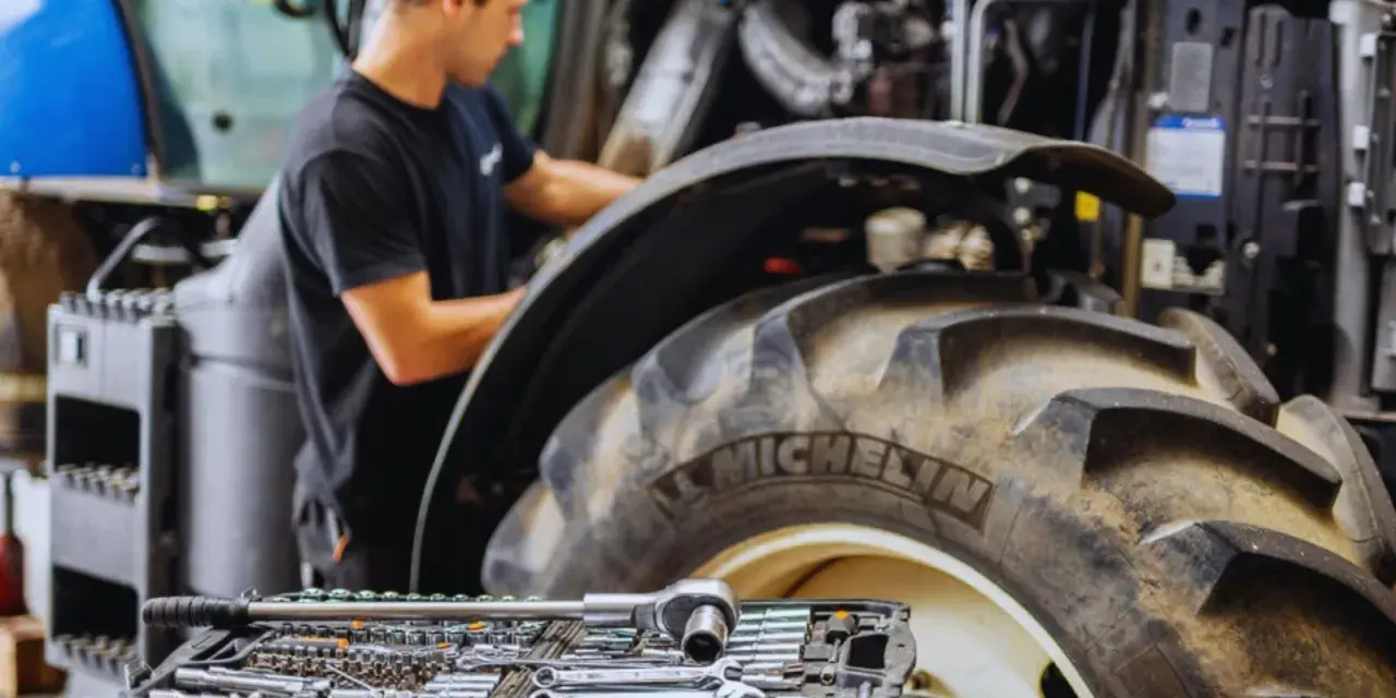 Mechanik sprawdza poziom płynów eksploatacyjnych w traktorze, obok leży zestaw kluczy.