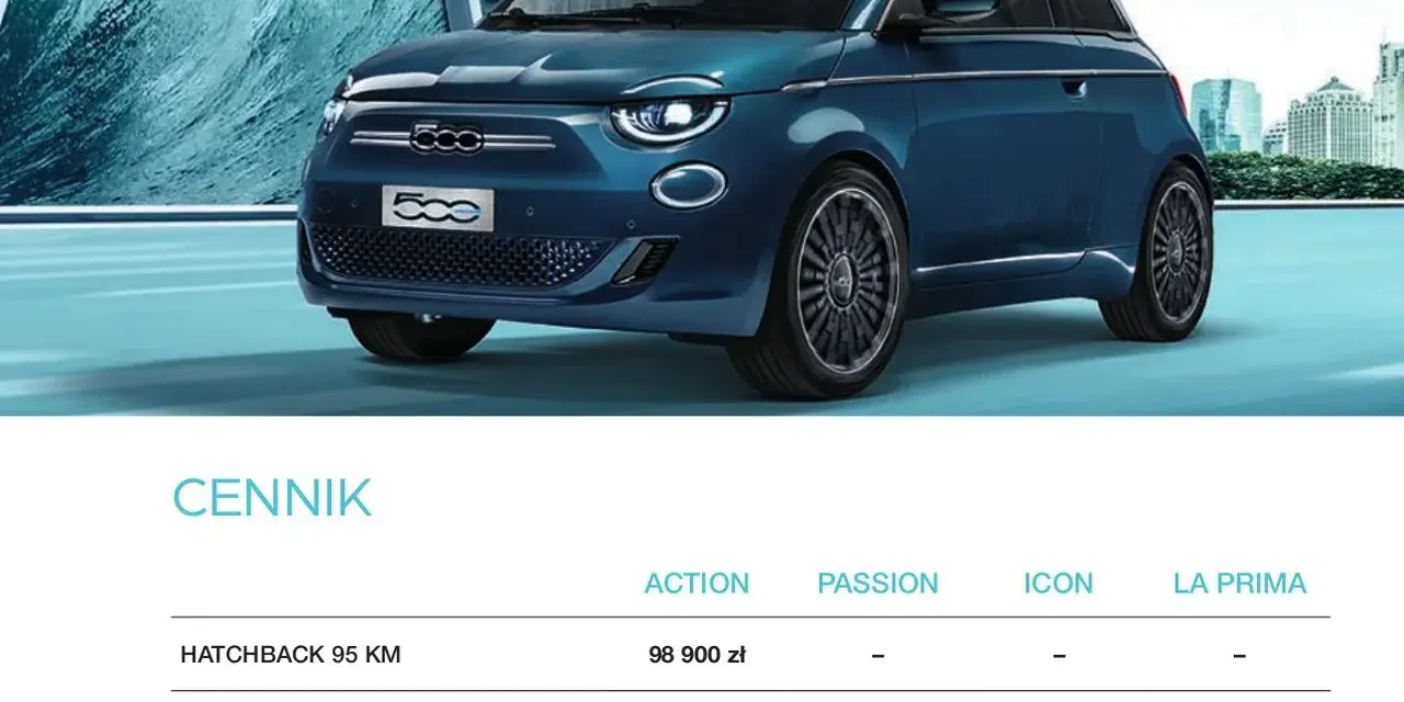Niebieski Fiat 500 na tle miejskiego krajobrazu.