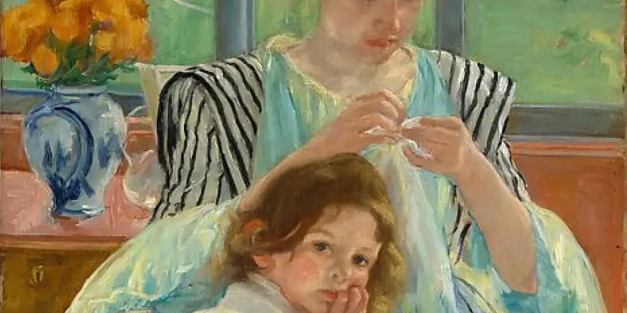 Obraz Mary Cassatt: matka z dzieckiem, siedzą przy oknie, w wazonie pomarańczowe kwiaty.