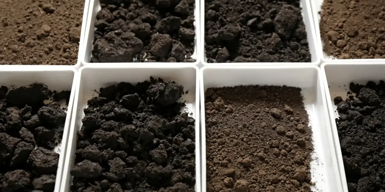 Różne rodzaje gleb w białych pojemnikach, od jasnobrązowej po ciemną, bogatą w próchnicę.
