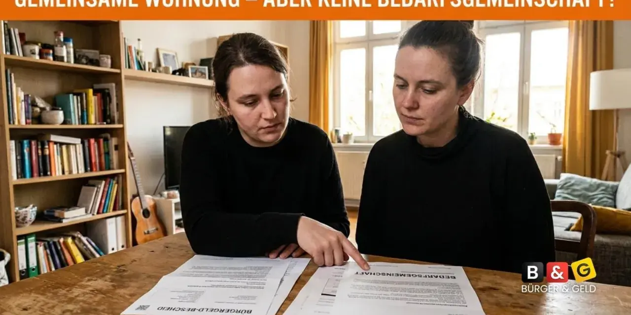 Zwei Frauen prüfen Dokumente, die auf eine getrennte Lebenssituation in einer Wohnung hindeuten, während sie Hartz 4 beantragen.